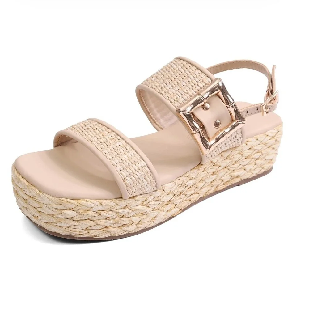 Shoe' N Tale Platform Sandals Women 8.5 Beige Woven Buckle Espadrille Boho 8.5